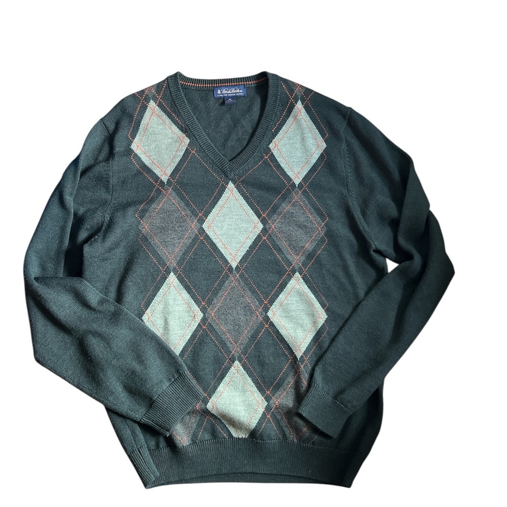 Brooks Brothers Dark Green Argyle V-Neck Italian Merino Wool Sweater Size XL
